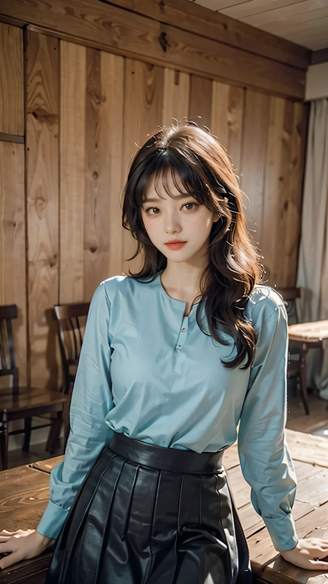 detailed background, masterpiece, best quality, 1 person , curly hair, long hair, purple eyes, star in eye , turquoise blouse, long skirt, cute different poses, indoor wood furniture ,light wood color,, upper body