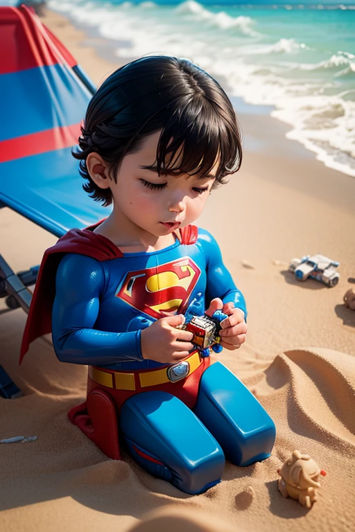 Superman playing with lego figures from starwars, on the beach. 