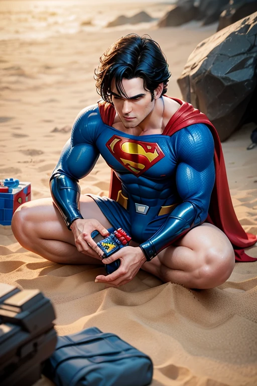 Superman playing with lego figures from starwars, on the beach.
