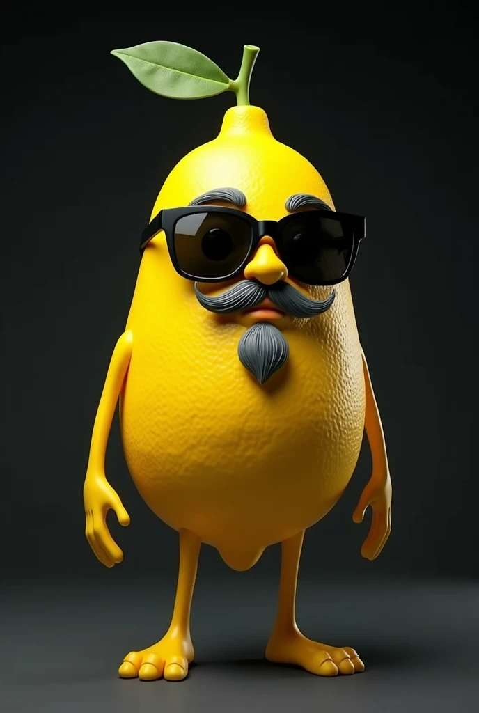 Create a lemon character with sunglasses and a goatee. The lemon should have a unique appearance, with a well-groomed gray goatee that complements his look. Add a pair of sunglasses that enhance your personality, perhaps with a sleek or modern frame. Black power hair naturally fitting the shape of the lemon, with a cut that conveys style and maturity. Keep the lemon&#39;s yellow color vibrant, but with details that show your character and personality. The background can be simple and dark, with a focus on the character to highlight its distinctive features.