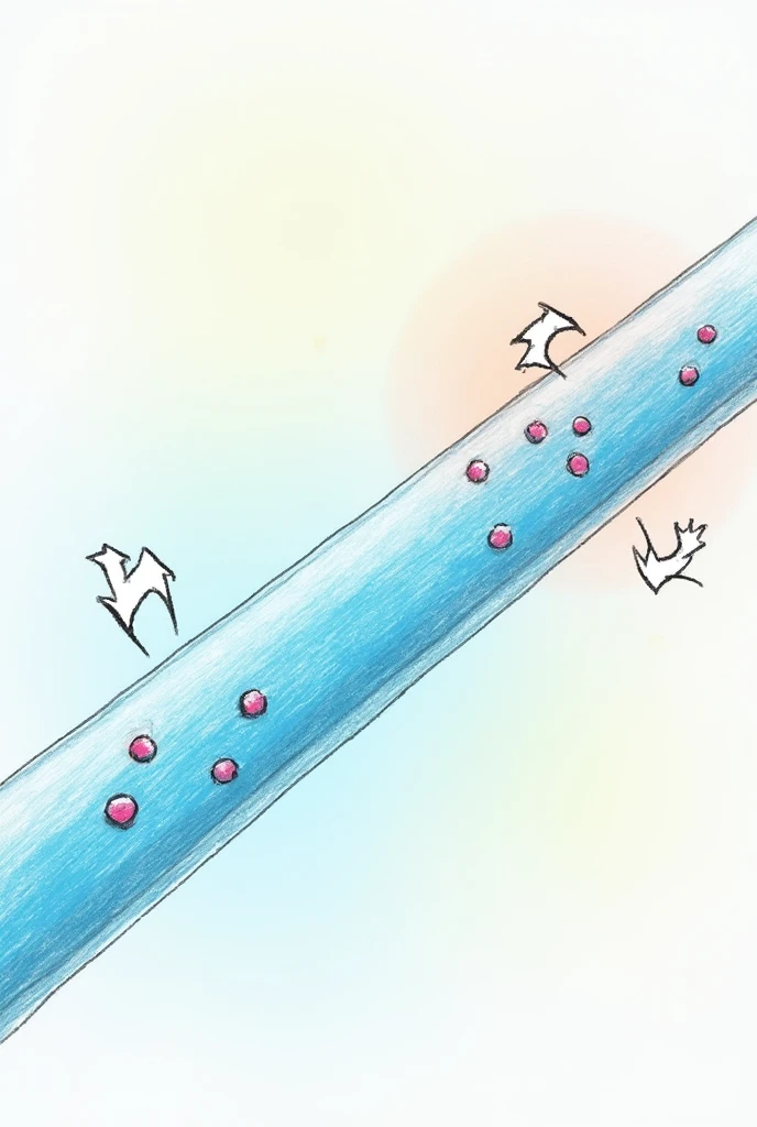 Pencil drawing style illustration of a transparent pipe seen from the outside. The pipe runs diagonally across the image from left to right.. Inside the pipe, A bright blue liquid flow is seen with white arrows indicating the direction of movement. Small colored particles or bubbles floating in liquid to represent mass flow. Simple background with pastel colors. Visual style similar to an educational diagram or infographic, not realistic."VOLUMETRIC FLOW