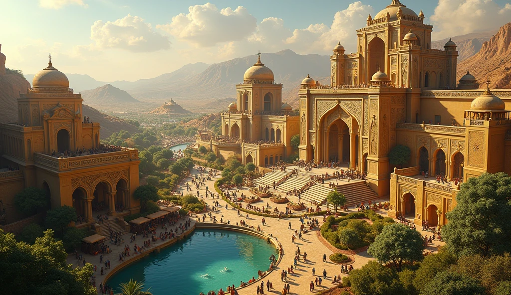 A depiction of the Kingdom of Sheba as an ancient city, with imposing palaces and temples surrounded by vibrant markets. The city is shown in its prime, with water fountains, lush gardens and architecture that blends Arabic and African influence