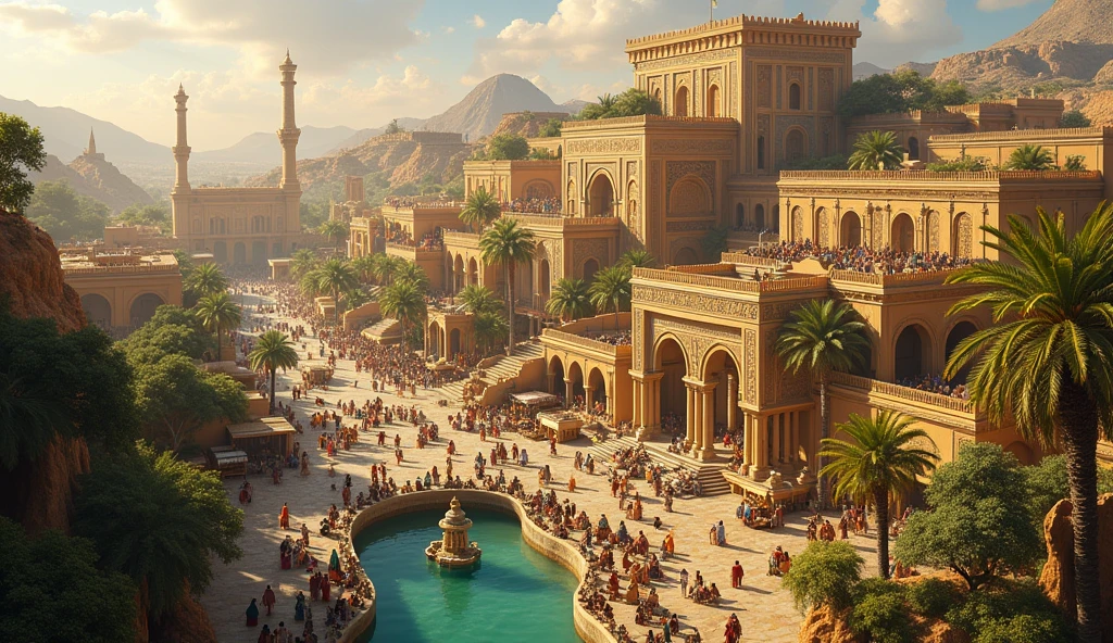 A depiction of the Kingdom of Sheba as an ancient city, with imposing palaces and temples surrounded by vibrant markets. The city is shown in its prime, with water fountains, lush gardens and architecture that blends Arabic and African influence