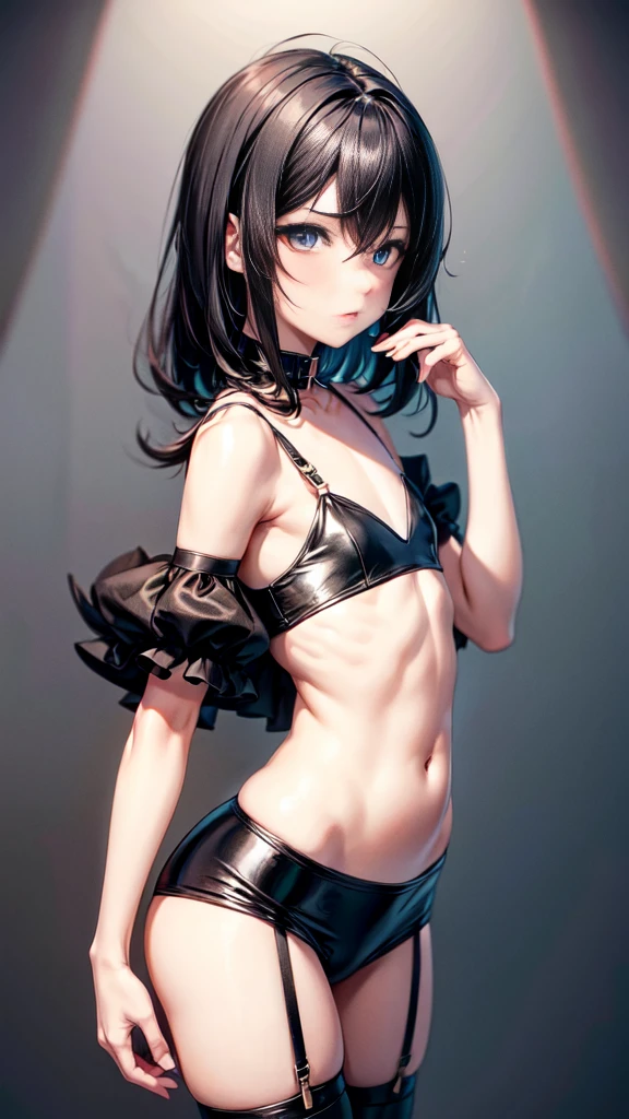 Sissy femboy Adalgusto Beltraz, italian traits short black hair, (flat chest), (flat tummy), thigh highs