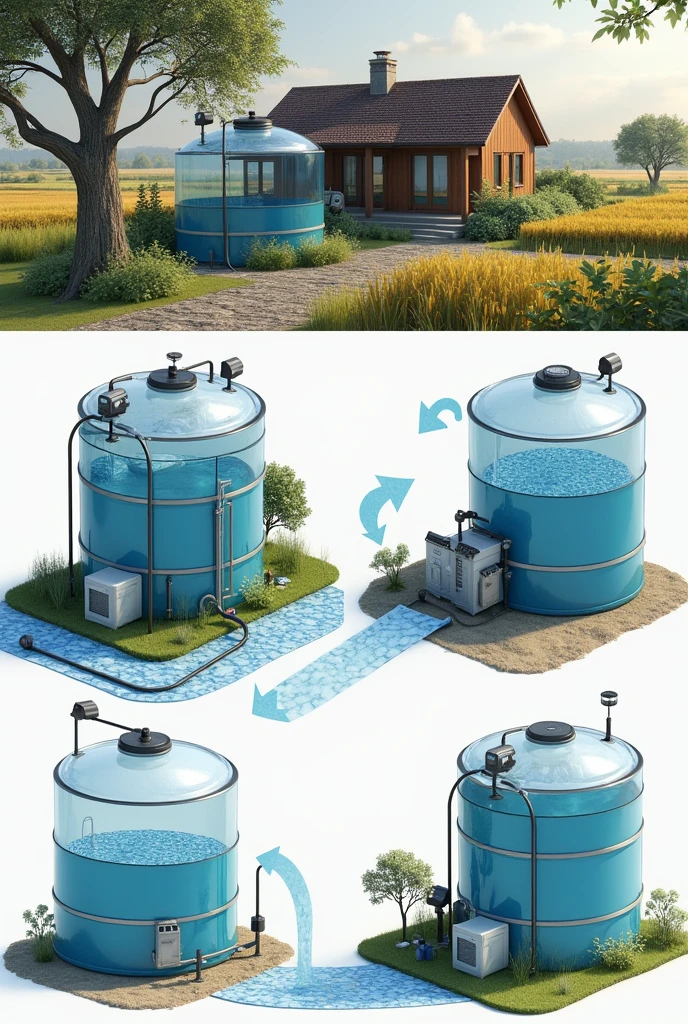 a water tank to filter grey water such as shower water, sinks and laundry sinks that come from a house for agriculture with sensors that measure water pollution that shows the house from a distance that the image has more images as a collage of all the angles that show how it would work