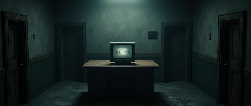 I want you to create images. I&#39;m going to use them in a fnaf fan game I&#39;m making., call "Five Night's at Sandman". Image Description: A dark and gloomy room, with a table and a security monitor on top of it (linked with a static image). There needs to be a half-open door on the sides of the table. (not completely open). Place the doors on the wall in front of the table.. Important: A DOOR ON EACH SIDE OF THE TABLE! *The image needs to be in first person, as if the camera were a person&#39;s eyes* make a realistic image. REMEMBER THE IMAGE IS FOR A GAME/FNAF STYLE FAN GAME!