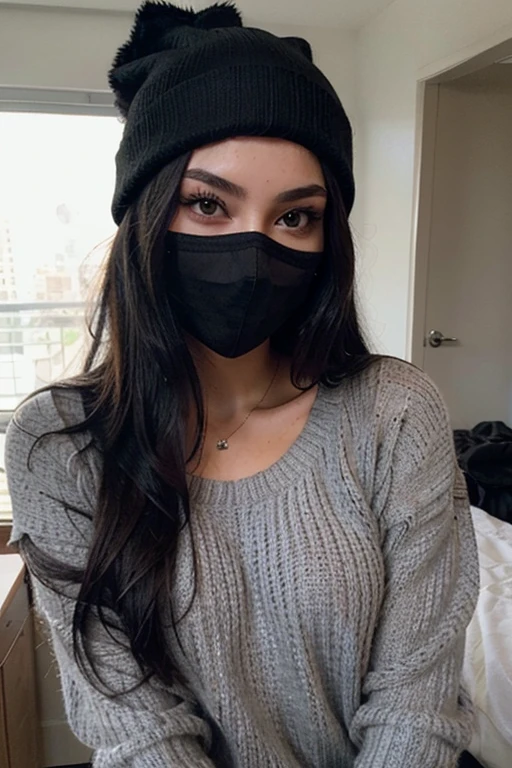 Sexy girl with long black hair taking a selfie wearing a black mask and a grey sweater and wearing a black beanie