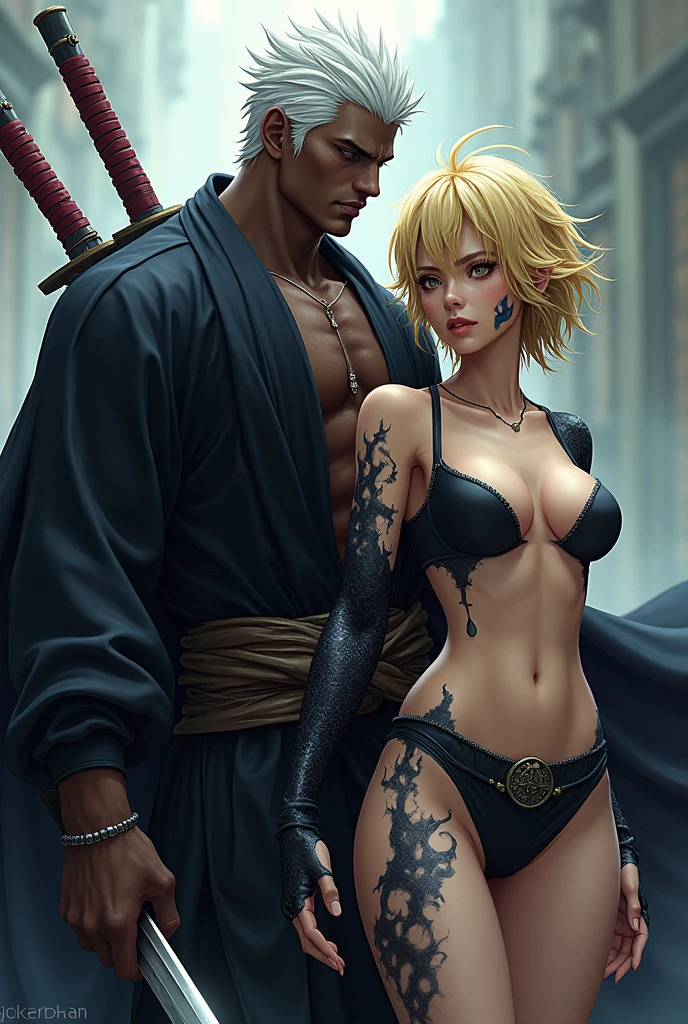 A warrior with two sabers the man is black he has short white hair he is quite muscular he has a styler like Roronoa Zorro he is 2 less muscular he is with a young woman with tousled blond hair who has a black mark on her cheek the girl&#39;s arm is made from black magic the girl is a demon the girl has very short hair the girl&#39;s body is hidden by black marks the girl has a black dress she is dressed 