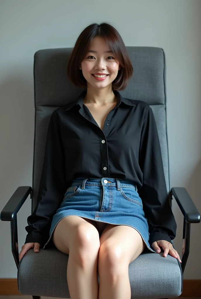 (masterpiece:1.2,8k, raw photo, ultra quality), absurdres, (photo realistic:2), high detail raw color photo,skiny skin, professional photograph,((best quality))、A very beautiful Japanese office lady、pencil denim skirt、dress shirt、skirt lift、White panties、evil grin、smiling at viewer、Please put your feet up、short hair、Gray background、Sit on a chair、Front Light:1.3