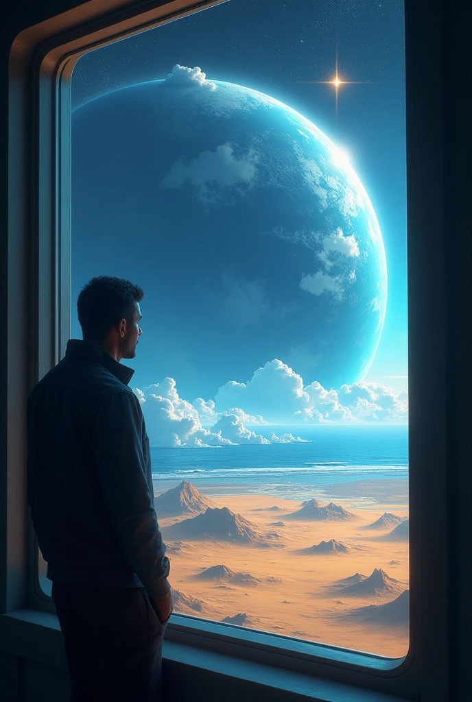 A Man looking The view from inside the window, looking out at a blue planet, on the right side there is a storm cloud centered on the horizon, a blue ocean and,. A yellow desert on the right,. as well as a smear of light from the flash of the Sun, From space looking down on a planet, From the dark outer space interspersed with bright stars decorating the darkness, s Fiction, animation