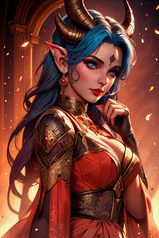 A beautiful tiefling woman, detailed facial features, piercing eyes, full lips, long eyelashes, horns, pinup pose, full body, intricate details, warm lighting, vibrant colors, 8k, ultra-detailed, cinematic composition, dramatic lighting, ethereal, magical