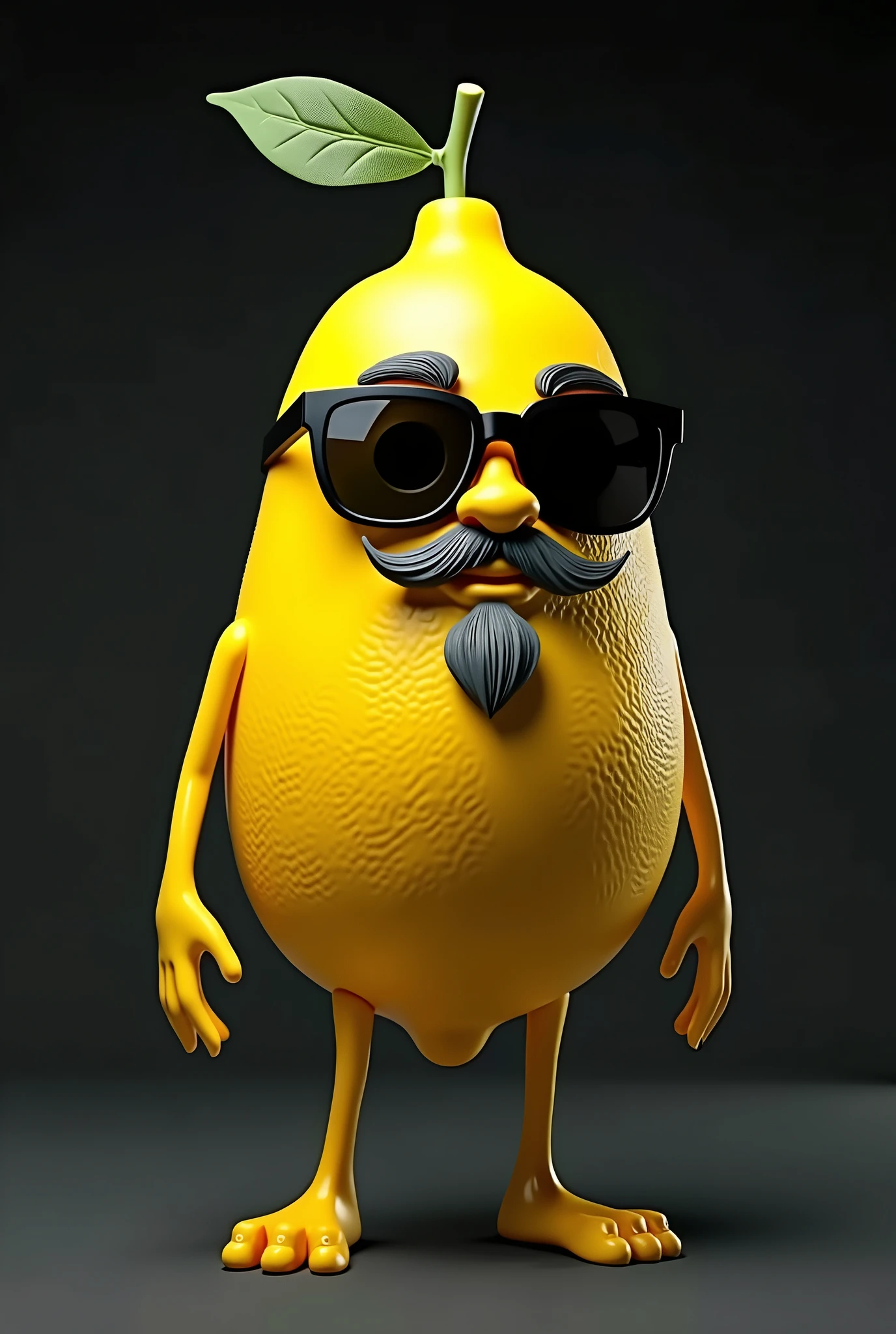 Create a lemon character with sunglasses and a goatee. The lemon should have a unique appearance, with a well-groomed gray goatee that complements his look. Add a pair of sunglasses that enhance your personality, perhaps with a sleek or modern frame. Black power hair naturally fitting the shape of the lemon, with a cut that conveys style and maturity. Keep the lemon's yellow color vibrant, but with details that show your character and personality. The background can be simple and dark, with a focus on the character to highlight its distinctive features.