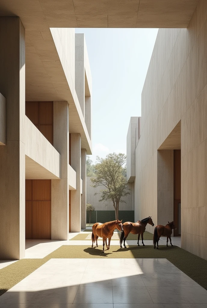 Create an architectural image of the inside of an equine therapy center that looks complete with the characteristics of the works of architect Carme Pinós, with very abstract square figures
