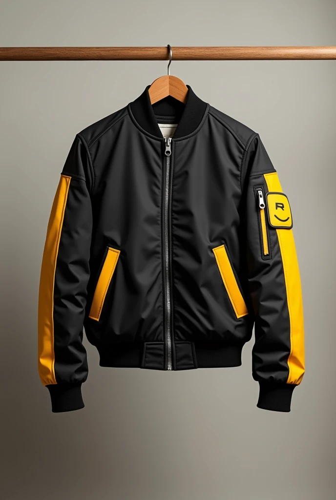 black bomber jacket, with central closure and sides in yellow, hanging on a coat rack