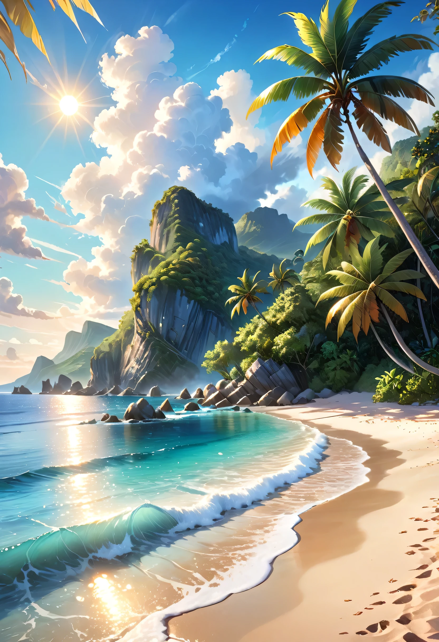 A tranquil seaside landscape, sun-drenched ocean, golden sand beach, beautiful detailed clouds, serene atmosphere, oil painting, lush tropical foliage, warm inviting light, soft pastel colors, enchanting dream-like quality, ultra-detailed, (best quality,4k,8k,highres,masterpiece:1.2),ultra-detailed,(realistic,photorealistic,photo-realistic:1.37),landscape,seascape,seascape painting,tropical paradise,idyllic beach scene,cinematic lighting,vibrant colors,stunning realism