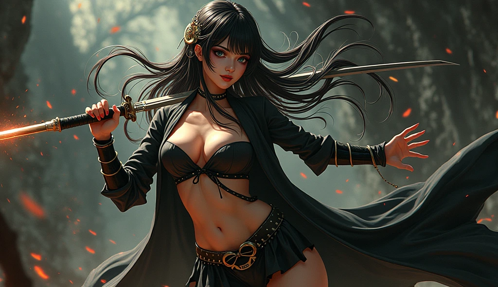 a very shy magical beautiful girl with long dark black hair, piercing blue eyes. Dressed as an erotic ninja in miniskirt, wielding a magic sword, scary diabolical world, (EXTREMELY HUGE BREASTS), wide neckline, image of a full-body woman..Description of extreme details, vivid and intense colors, vibrant colors, bright eye,image 3D,breasts 3D,((mejor calidad)), ((obra maestra)), (detallado), ((alta resolución))