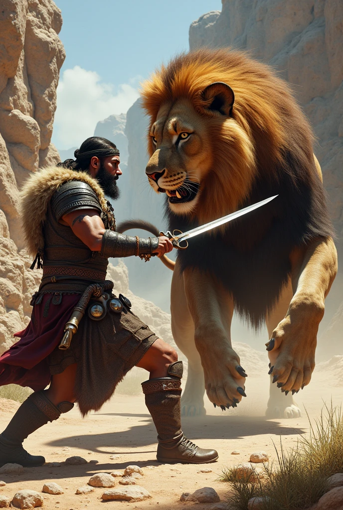 Creates image of a Jewish barbarian warrior fighting the lion