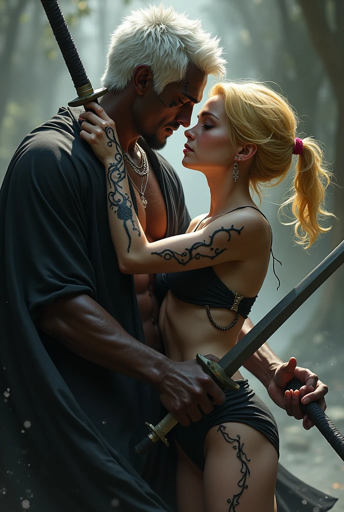 A warrior with two sabers the man is black he has short white hair he is quite muscular he has a styler like Roronoa Zorro he is 2 less muscular he is with a young woman with tousled blond hair who has a black mark on her cheek the girl&#39;s arm is made from black magic the girl is a demon the girl has very short hair the girl&#39;s body is hidden by black marks the girl has a black dress she is dressed makes them kiss 