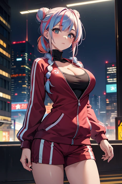 anime girl, track suit, sneakers, large breasts, cleavage, braided bun, multicolored hair, Heterochromia, looking at viewer, female focus, cowboy shot, cyberpunk setting, beautiful lighting