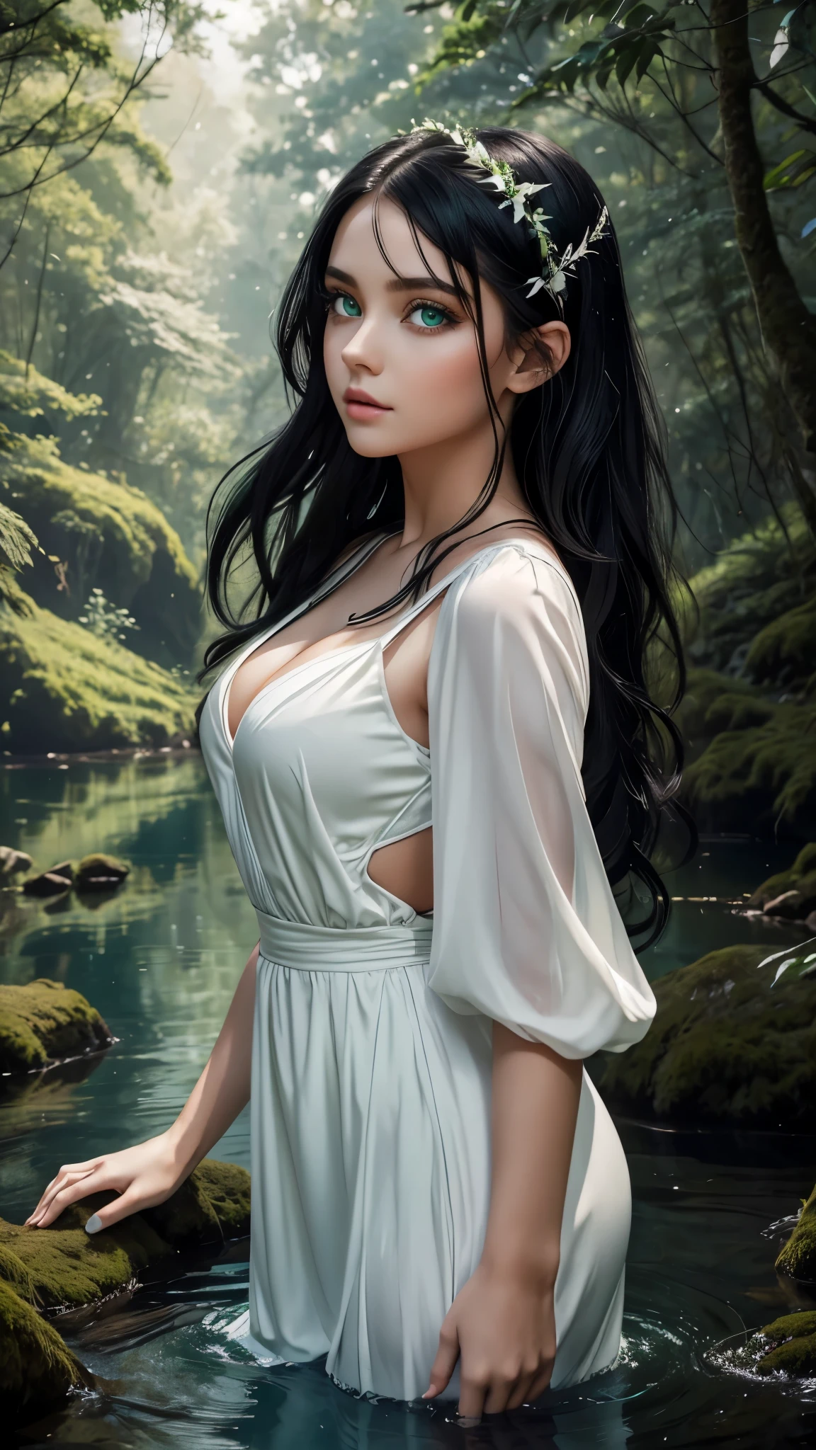 Beautiful girl with green eyes and black hair lake in white dress in a beautiful forest photo shoot 