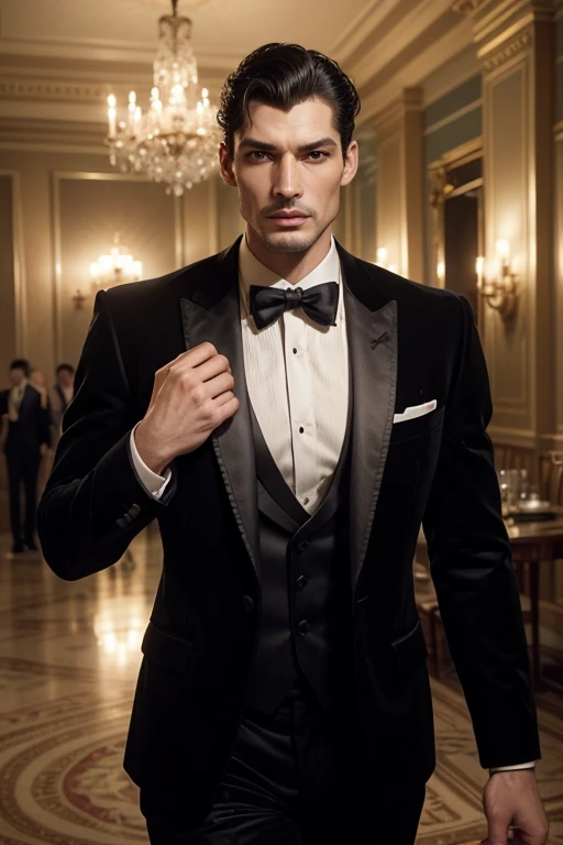 "Create a retro vintage fashion scene featuring a male model with African descent, but with the features of David Gandy. The model, an athletic figure with a striking, masculine physique and a captivating presence, is dressed in an elegant, vintage-inspired tuxedo suitable for a formal gala event. The tuxedo should incorporate classic, sophisticated details with a unique retro flair, such as a velvet fabric, satin lapels, and a subtle, intricate pattern. Complementing the outfit, the model wears high-quality, vintage-style accessories, including a classic bow tie and a pocket square, adding a touch of sophisticated retro charm.

Situation: The scene is set in an opulent, grand ballroom during a glamorous evening event, rendered in a retro vintage style with sepia tones and a slightly faded color palette. The ballroom features luxurious details such as crystal chandeliers, ornate moldings, and rich, velvet drapes. The model stands confidently in the center of the ballroom, with elegant tables set for dinner and guests dressed in formal attire in the background. Soft, warm lighting from the chandeliers casts a golden glow over the scene, highlighting the model’s tuxedo and accessories. The atmosphere is filled with a sense of refined elegance and timeless sophistication.

The model's pose is poised and regal, capturing the classic essence of vintage formalwear. His gaze is directed towards the camera with a confident, charismatic expression, embodying the timeless grace and charm of a bygone era. The warm, ambient lighting and slight film grain effect accentuate the retro vintage atmosphere, making the scene feel both luxurious and stylish.

Filmed on ARRI ALEXA 65, Bokeh, sharp focus on the subject, shot by Don McCullin. The atmosphere should exude a sense of artistic expression with a retro vintage touch, where the model embodies the essence of classic gala fashion—elegant, refined, and timeless, amidst a beautiful, luxurious ballroom setting."
