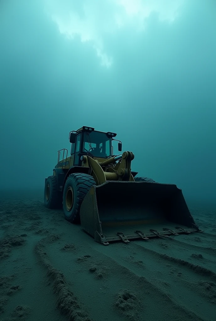 a gloomy background with a CAT 980k wheel loader lying on the bottom of the Atlantic Ocean