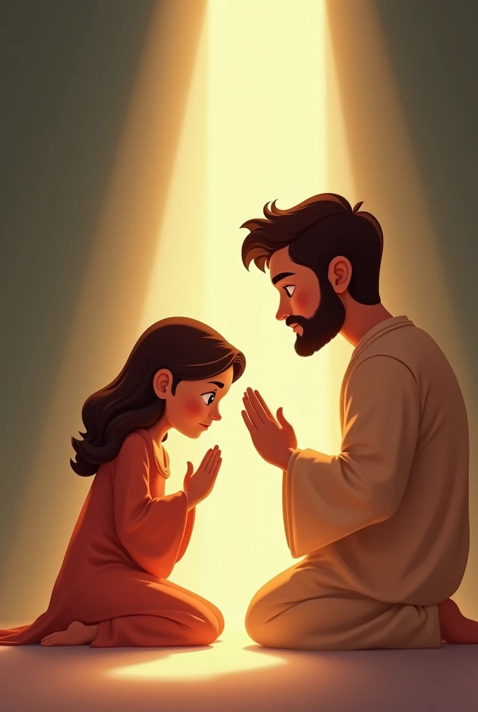 A digital artwork depicting a serene and loving figure resembling Jesus Christ, next to Maria his mother and on the other side Jose his father, kneeling praying. The scene is set in a softly lit environment, criando uma atmosfera quente e acolhedora. The characters have soft, rounded features typical of modern animation styles., with vibrant colors and simplified details to evoke a feeling of tenderness and spirituality. The light softly highlights the expressions of love and innocence, making the moment magical and moving.