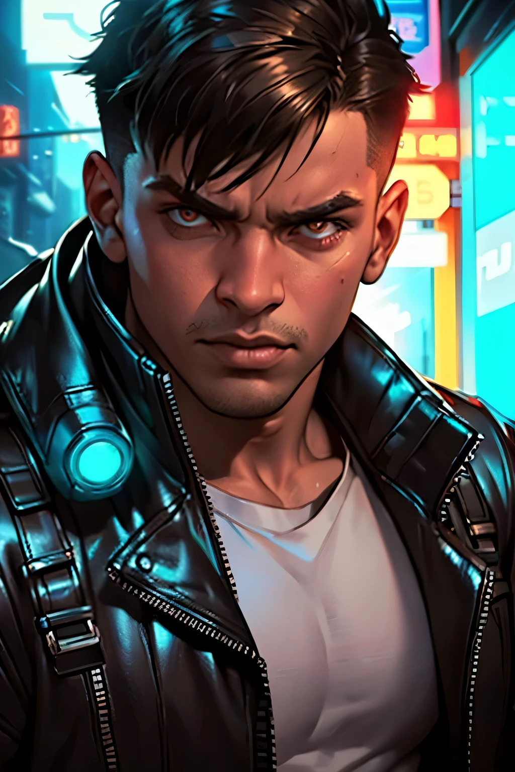 a cyberpunk style a young man wearing high-tech clothing, leather jacket, in a night scene with neon lights, highly detailed, cinematic lighting, dramatic pose,  intricate details, futuristic, gritty, moody, perfect brown eyes, close up selfie,