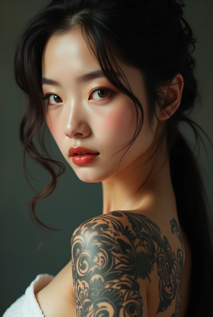 Asian Woman Skin: White and soft.Complexion: Slim and athletic, with a figure sculpted by physical training.eyes: Dark and penetrating browns, with an intense and expressive look.
nose: Prominent and well defined, adding character to your face.eyebrows: thick, perfectly arched and a dark color that highlights her eyes.
Lips: Fleshy and with a natural pink tone, that contrast with her light skin. tattoo: An elaborate Japanese design