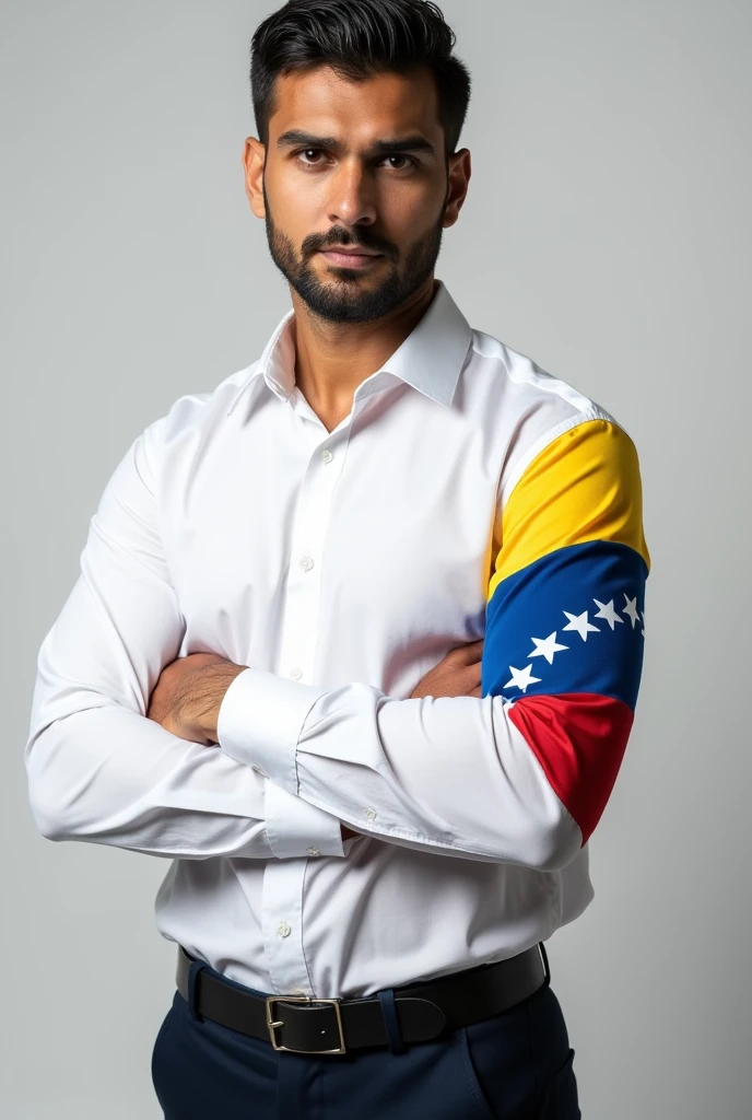 Photograph of the front of a white long-sleeved dress shirt, that has on one sleeve of the shirt from the shoulder to the wrist the flag of Venezuela in a yellow diagonal triangle, blue and red, drawn with its 7 legible and extended white stars