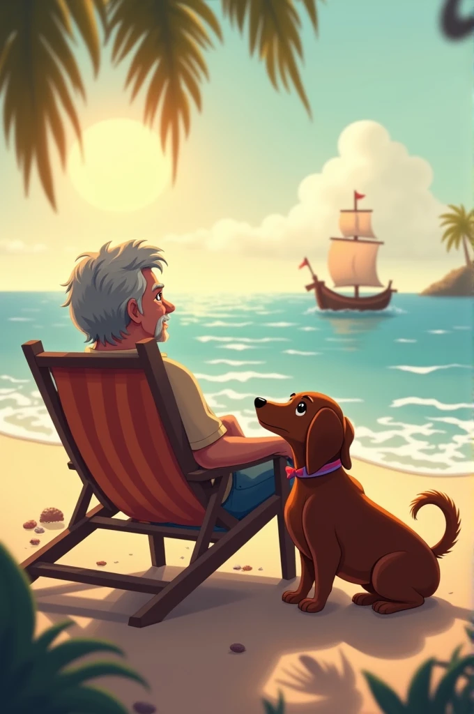 furry dachshund dog and his owner a middle aged man sitting on the beach chair looking at the ship on the horizon