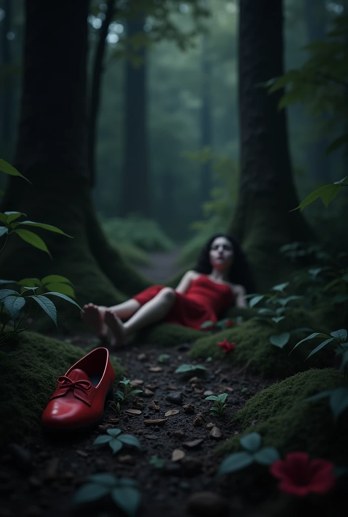 a single red slipper with its sole facing upward lying on the forest floor, and a young dead white woman in red frock lying on the forest floor in the background, surrounded by lush greenery and a mysterious atmosphere