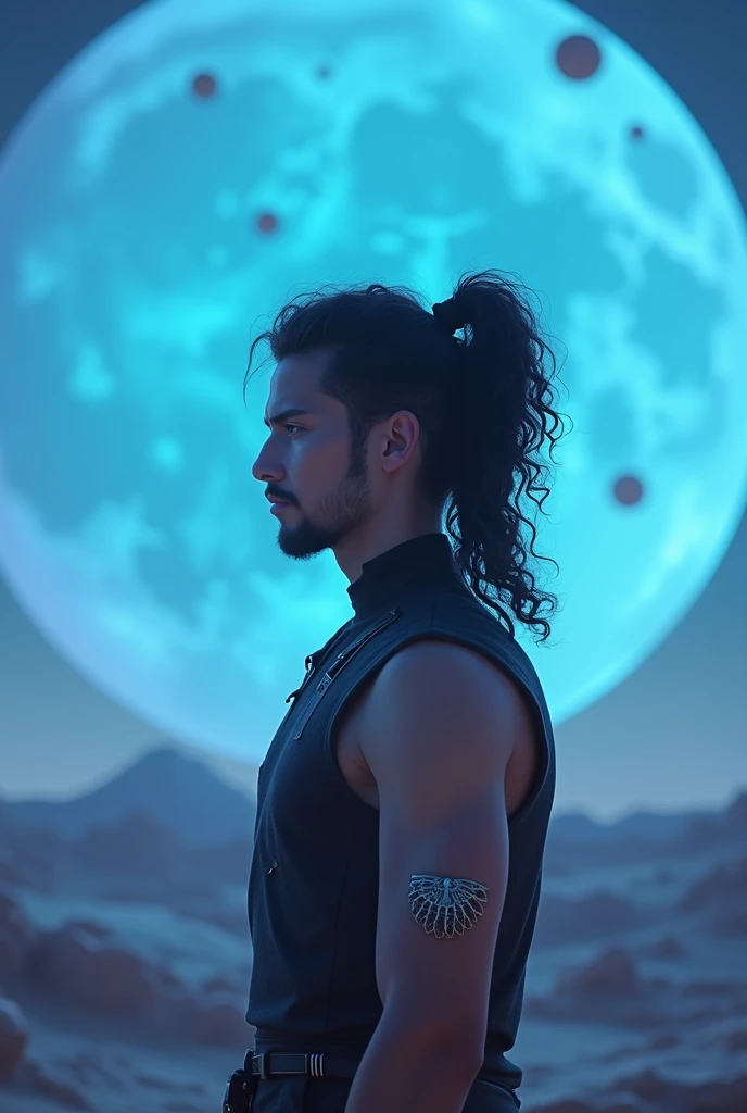 A young man with black curly hair tied in a high ponytail, standing in an alien landscape illuminated by moonlight. He is wearing a futuristic outfit with the sleeves rolled up., with an emblem on the arm. The scene is illuminated by a bright blue planet in the background.. The atmosphere is ethereal, with floating spheres in the sky and a sense of calm. The young man has a focused expression, gazing at the horizon, with a discreet goatee, without earrings, that complements your modern look.