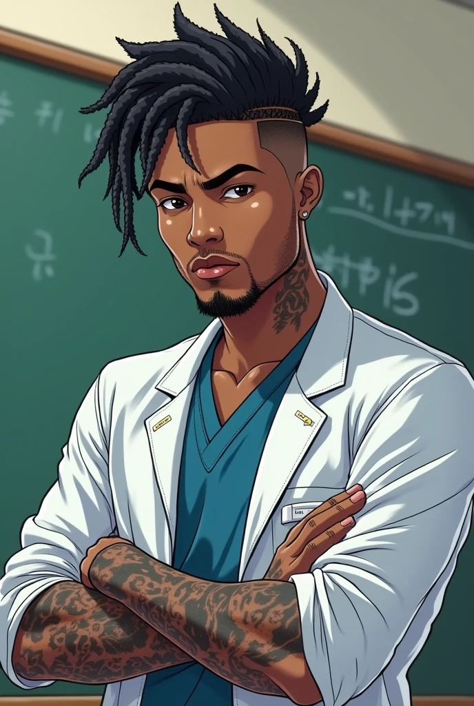 Anime style image of a veterinarian doctor, man, dark-skinned, using braids, with a degraded haircut, using short beard, with tattoos on their arms, in a classroom with a blackboard in the background