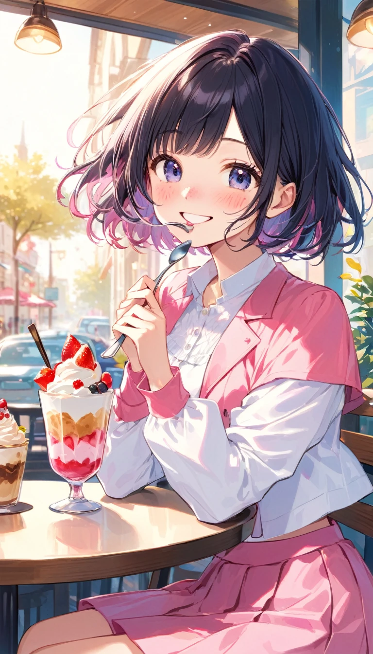 A girl with short black hair, freckles on her face and a white blouse、Pink flared skirt、A girl in a pink bolero is eating a parfait with a spoon at a cafe and smiling