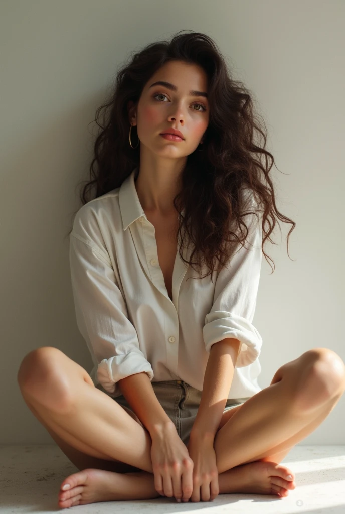 A brunette girl with curly hair sits with her legs stretched out, taking a realistic photo