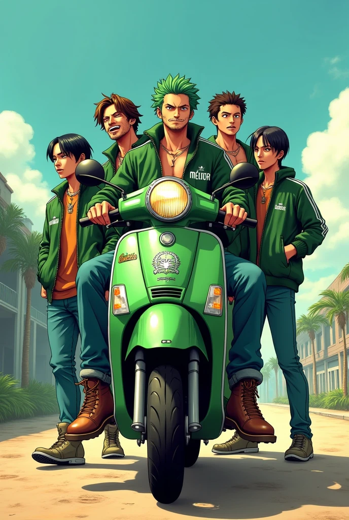 Zoro rides a step through Honda moped, Zoro brings his friends who are in one piece, all of them are wearing green motorbike jackets, there is the word MELUNCUR on the front of the Adidas model jacket, wearing long jeans, and wearing motorbike shoes, all his friends look excited everything