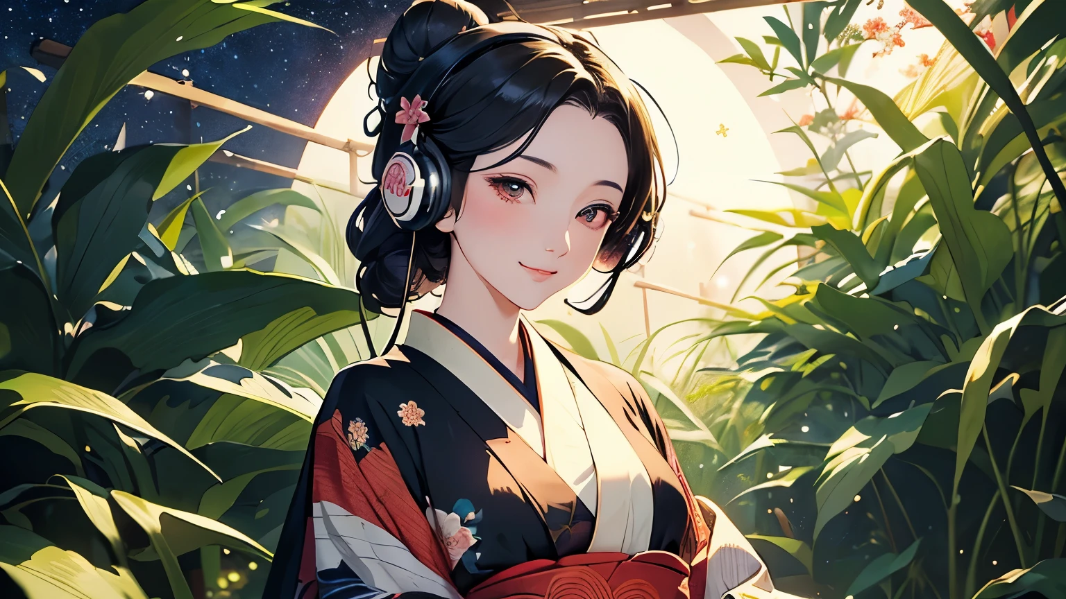 ((masterpiece)), surreal, Portrait of a beautiful fair-skinned anime woman (floral kimono), light makeup, bright eyes, shiny black hair, intricate hair ornament, (small breasts), In the bamboo forest, ((headphones)), ((background: night, starry sky)), ((ukiyo-e style)), ((smile)), ((1 girl)),