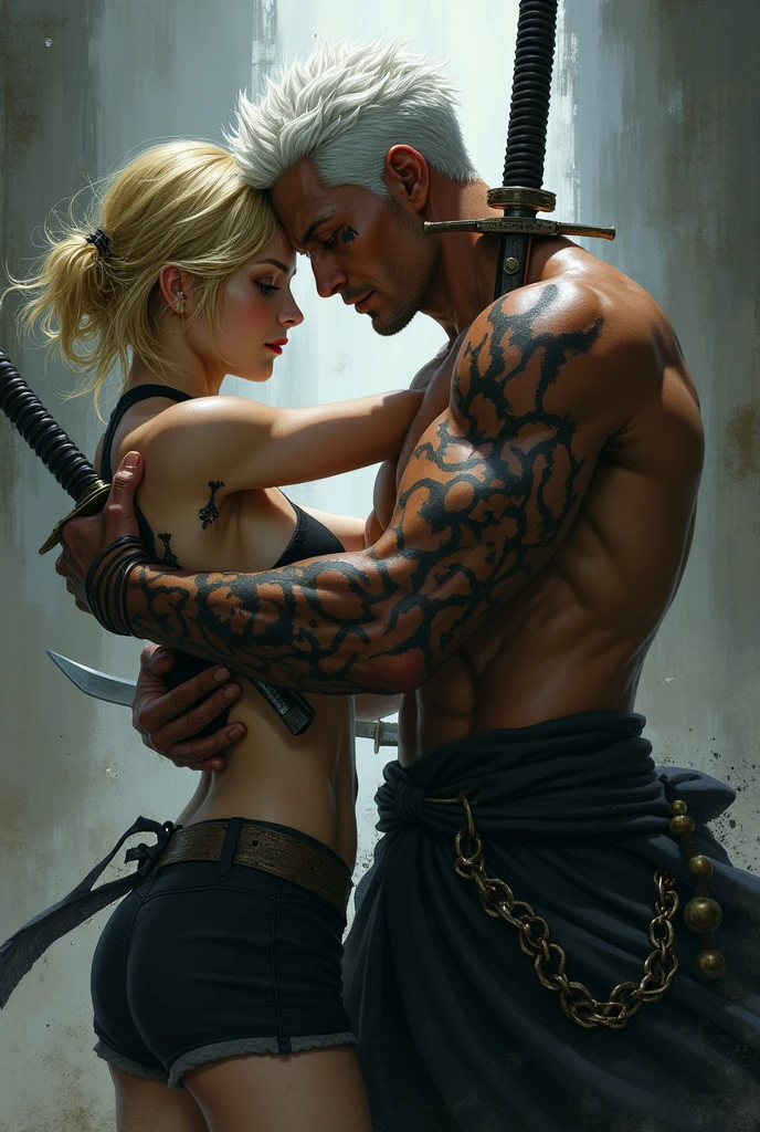 A warrior with two sabers the man is black he has short white hair he is quite muscular he has a styler like Roronoa Zorro he is 2 less muscular he is with a young woman with tousled blond hair who has a black mark on her cheek the girl&#39;s arm is made from black magic the girl is a demon the girl has very short hair the girl&#39;s body is hidden by black marks the girl has a black dress she is dressed makes them kiss 