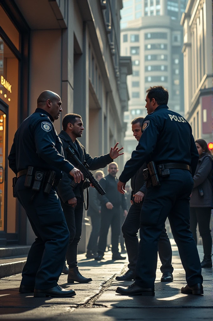Police men outside the bank arresting criminal