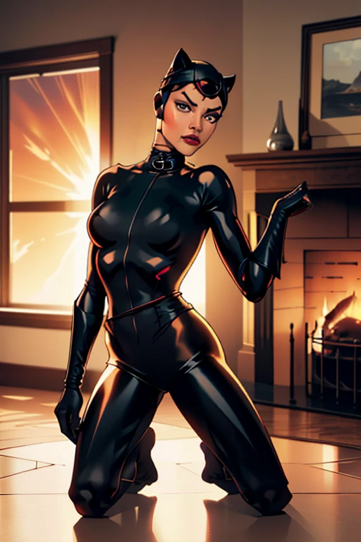 (masterpiece, best quality), female ageless, cat woman, angular, east asian, gray eyes, elongated ears, bulbous nose, cleft chin,   uneven forehead,  shapely neck,   , jet black curly haircut hair, interest wearing cropped pants, bodysuit,  turban headband,, sultry gaze, gazing with intense eyes, conveying passion and desire, sunrise lighting, the soft, gradual light of a sunrise, symbolizing new beginnings and hope, a cozy living room with a crackling fireplace and comfortable seating