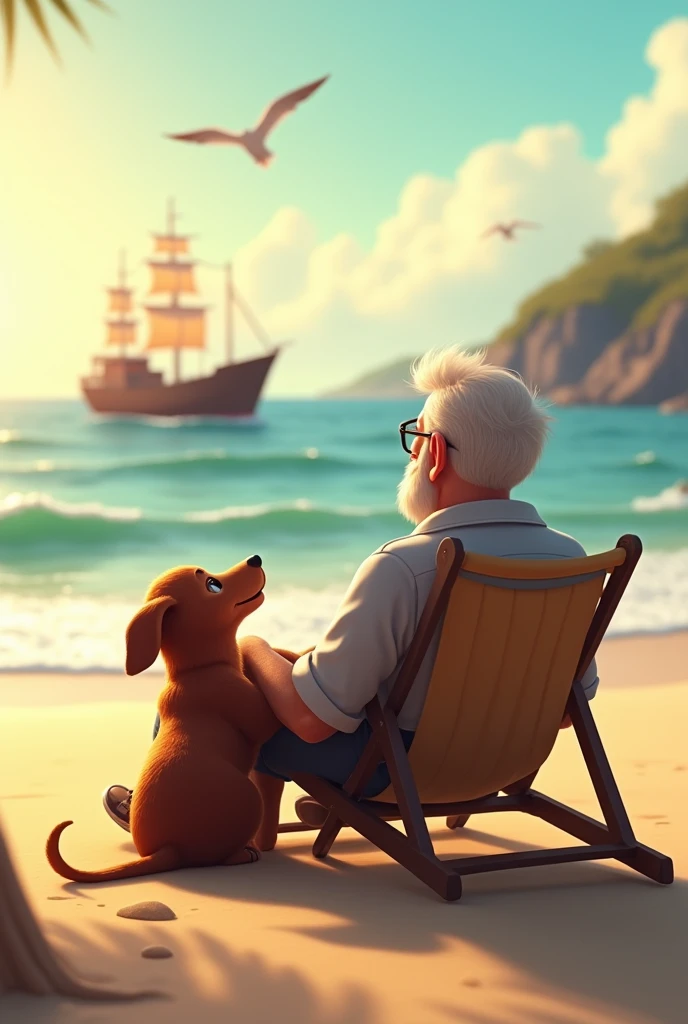 furry dachshund dog and his owner a middle aged man sitting on the beach chair both looking at the ship on the horizon 