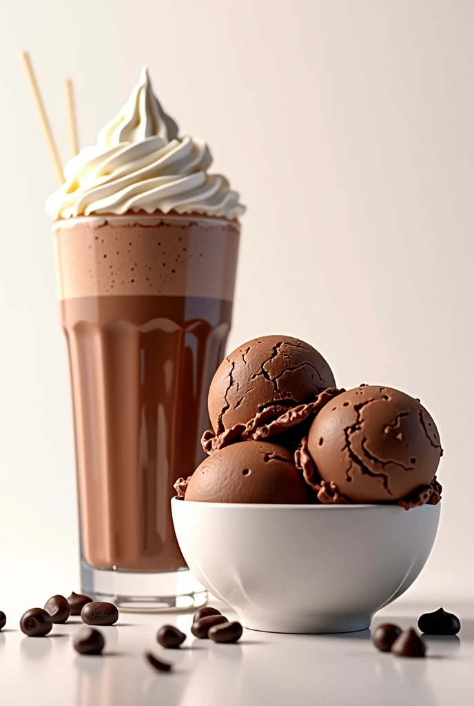 three scoops of chocolate ice cream in a bowl + milkshake+ Transparent background
