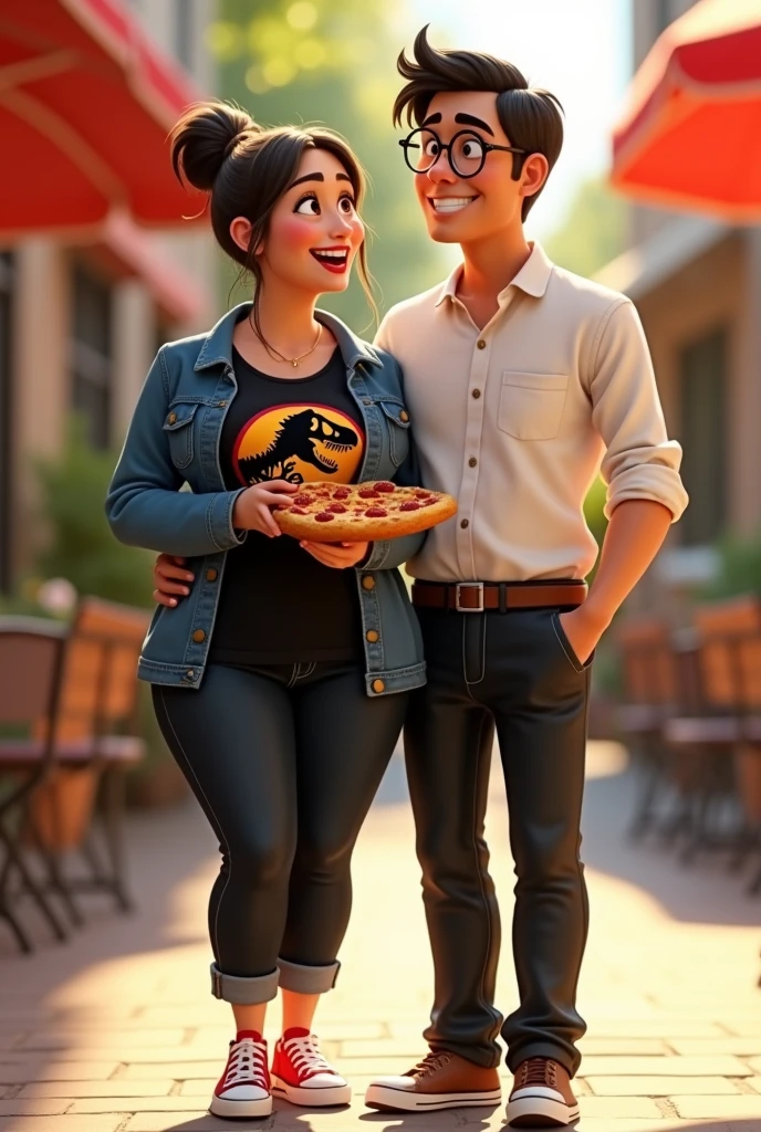 A couple arm in arm. 
She is smiling, has a robust build, wide legs, small ears, and a light complexion., wide nose big brown eyes hair in a bun and straight curtain bangs, you wore a black Jurassic Park blouse, with a black denim jacket, black jeans and red converse. He is of slim build, tez morena, He wears square glasses, a wide nose, small eyes, short dark straight hair, small ears, and a formal white button-down shirt and black dress pants with brown shoes., protagonists of a Disney Pixar movie digital art. eating pizza