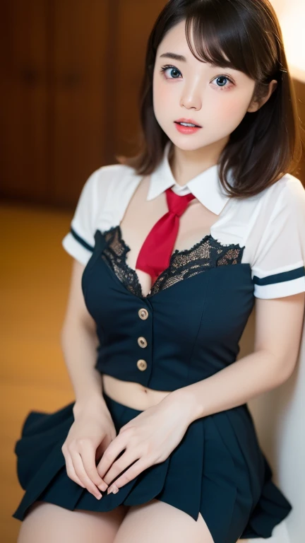 (((Sexy bust enhancement:1.75)))、(((Sexy Knee High:1.35)))、((((Sexy crotch accent:1.35)))、((((Spread your legs wide、Touching the thigh、Show your crotch、thin pubic hair sticks out、large pointy breasts))))、((Boyfriend and girlfriend having sex in cowgirl position:1.5))、((Sexual pose:1.5))、((Spread legs POV:1.5))、、Browsing Caution、（Humans are biologically correct、reference） 、 Lose extra limbs Slim limbs Extra digits Mutated hands and fingers fusion Fingers slim Bad hands Long ugly Body anatomy Bad deformation Bad deformation No extra breasts、Not Futanari、(Tabletop, Highest quality:1.2), 8k, 1, 85mm, Official Art, RAW Photos, Absurd, White dress shirt, Cute Face, close, Upper Body, Viola Lace, Gardenia, beautiful girl, school uniform, (Navy Pleated Skirt:1.1), Cinch waist, Thighs Thighs, Short sleeve, classroom, ponytail、short hair、short hair、sit on bench seat, Looking at the audience, No makeup, (smile:0.4), Film Grain, chromatic aberration, Sharp focus, Face Light, Bright lighting, , Detailed face, Background blur, (Dark red tie:1.1)、日本の学校のclassroom、classroom