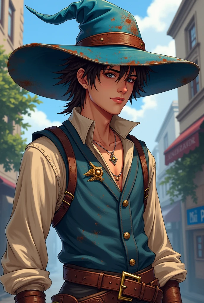 tibia game (work of art),(best qualityer:1.0), (ultra high resolution:1.0), detailed illustration, 8k, アニメ, work of art, wearing a big blue hat on his rusty head , detailed hat, best qualityer,(wanderer:1.2), mailbox, (impacto genshin), 1 , male focus, standing alone, Vest,(kbxl:0.5), estilo アニメ, Vibrant