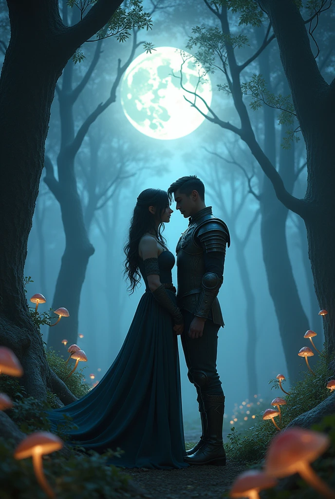 couple posing for a photo against a clearing in the forest, Morrigan from Dragon age and a young man with a short haircut wearing armor, beautiful couple, faces turned towards the camera, forest clearing, night, moonlight, glare, 8K)))), Kim Doyoung, 🚿🗝📝, Jinyoung Shin, 🍁 cute, couple pose, ❤🔥🍄🌪, nostalgic 8K, With bangs, Bae Suzy, ✨🕌🌙, 4k post, 4k post, Oljan