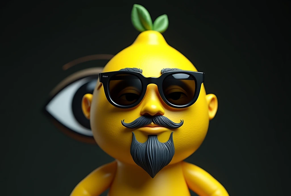 Create a lemon character with sunglasses, noticeable eye in the background and goatee. The lemon should have a unique appearance, with a well-groomed gray goatee that complements his look. Add a pair of sunglasses that enhance your personality, perhaps with a sleek or modern frame. Black power hair naturally fitting the shape of the lemon, with a cut that conveys style and maturity. Keep the lemon&#39;s yellow color vibrant, but with details that show your character and personality. The background can be simple and dark, with a focus on the character to highlight its distinctive features.