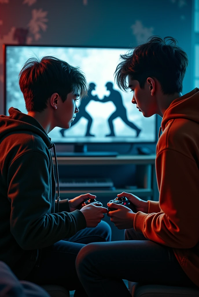 Two boys playing a fighting game (the fight in the game is between the shadow of other twi teenagers) realistc