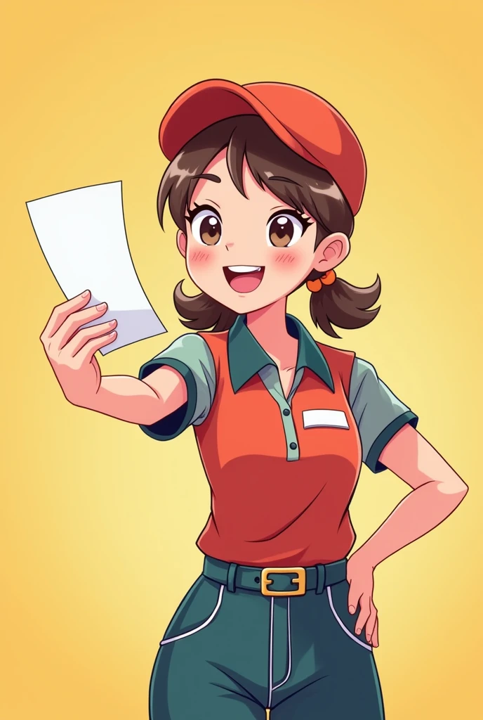 Create a happy woman handing a piece of paper in uniform cartoon style  


